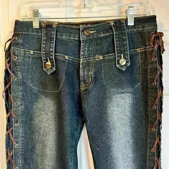 Vintage Lace Up Sides Denim Jeans Y2K 90S Baodong Bodo Boho Button Flap Size L - Picture 2 of 14